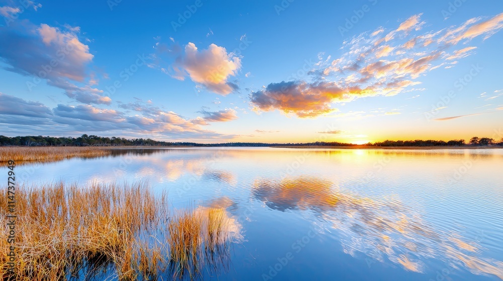 Fototapeta premium Serene sunset reflecting on calm lake water with reeds.