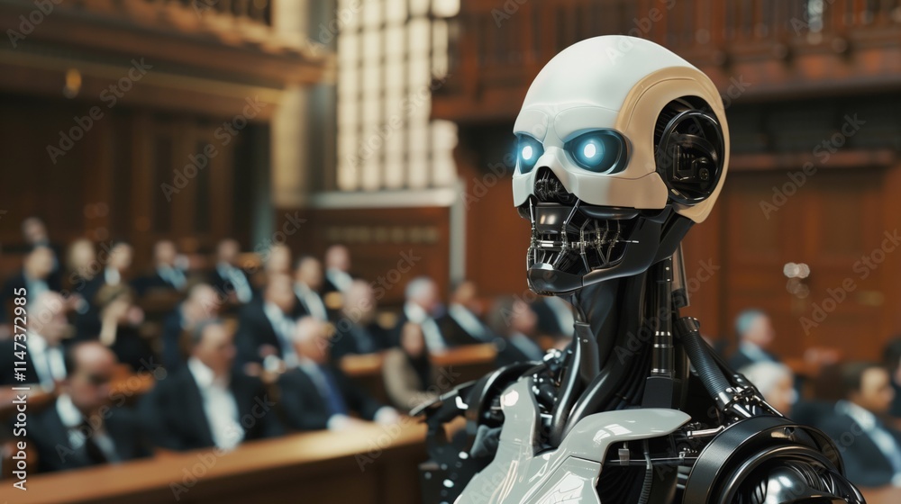 Advanced AI robot for court, demonstrating futuristic tech integration in legal system Advanced AI robot for court, demonstrating futuristic tech integration in legal system