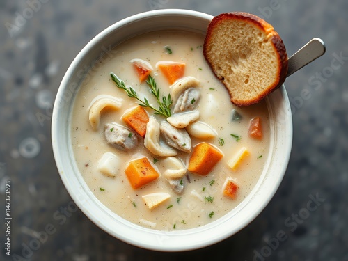 there is a bowl of soup with a piece of bread on the side. photo