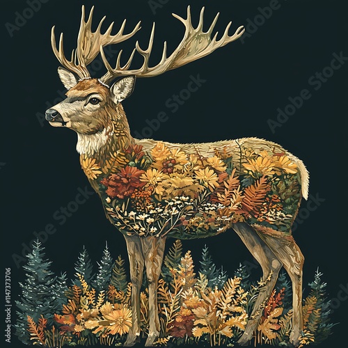 A majestic deer seamlessly blended with autumnal flora, standing tall against a dark background. photo