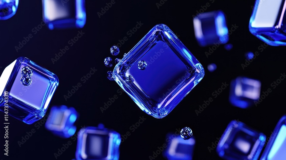 Abstract Blue Cubes Floating in Dark Space: A 3D Render of Glowing, Translucent Cubes Abstract Blue Cubes Floating in Dark Space: A 3D Render of Glowing, Translucent Cubes
