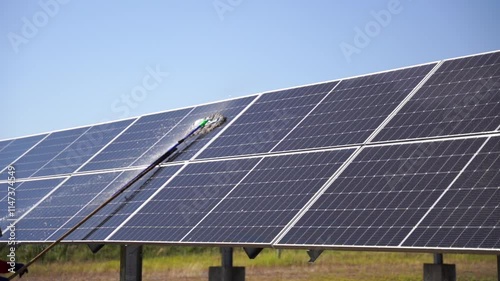 The view of the solar farm(solar panel), alternative electricity source, cleaning will increase performance to high, Photovoltaic module idea for clean energy production to protect the environment.