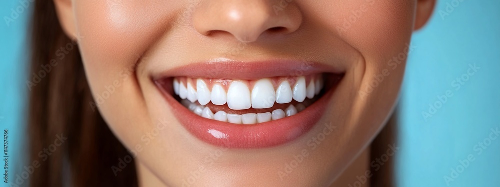 Close-up of a woman's bright, healthy smile against a light blue background. Close-up of a woman's bright, healthy smile against a light blue background.