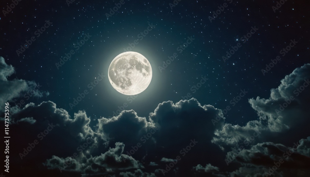 Full moon illuminating clouds and stars in bluish night sky Full moon illuminating clouds and stars in bluish night sky