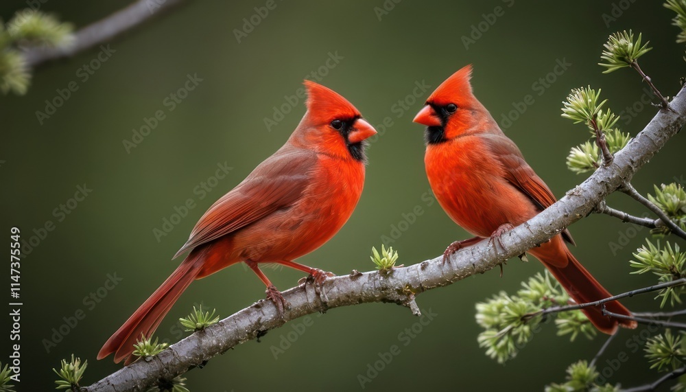 Northern Cardinal Pair in tree branche on Spring time Northern Cardinal Pair in tree branche on Spring time