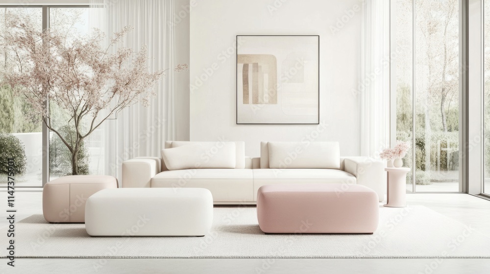 Fototapeta premium Minimalist living room with white and pale rose furniture. Featuring a clean, bright layout with minimal decoration