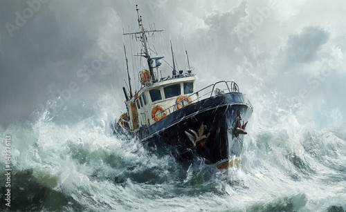 Rough seas challenge a sturdy tugboat during a stormy afternoon. 