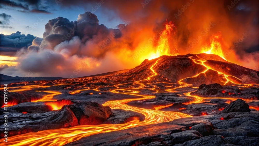 Night view of front of lava flow, volcano, magma, glowing, fiery, eruption, hot, danger, disaster, nature, geology, power Night view of front of lava flow, volcano, magma, glowing, fiery, eruption, hot, danger, disaster, nature, geology, power