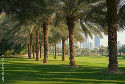 Lush Palm Tree Landscape in Dubai with City Skyline in Background Under Bright Blue Sky and Soft Morning Light, Creating a Serene Urban Oasis in the Heart of the Desert