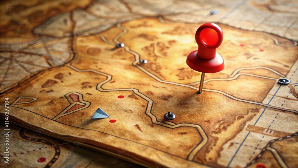 Scavenger hunt map with red pin, searching for hidden clue on treasure map, scavenger hunt, map, , treasure, hidden clue