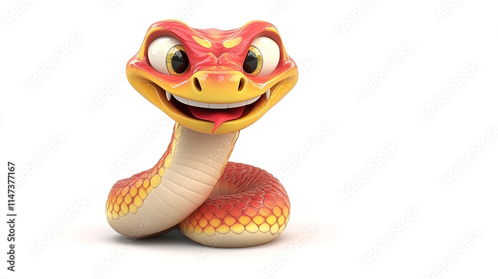 Fototapeta premium Smiling Chinese New Year Snake in 3D Cartoon Style, Isolated on a White Background, Featuring Vibrant Colors and Festive Charm for Lunar New Year Celebrations