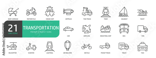 Transportation line icon set. The set contains icons as Truck, Car, Sailboat, Yacht, Plane, Scooter, Bus, Bicycle.