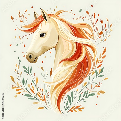 Elegant illustration of a horse's head with flowing mane and autumnal foliage. photo