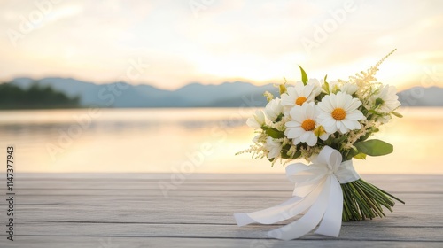 Fototapeta Naklejka Na Ścianę i Meble -  A bouquet of white flowers sits on a wooden table by a lake