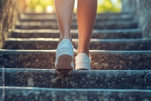 Woman's feet in white sneakers climbing stone steps outdoors in sunlight.