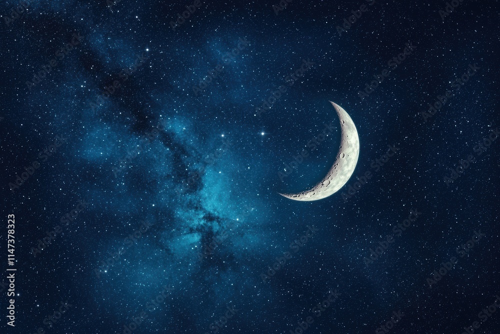 Serene Night Sky with Crescent Moon and Glimmering Stars Background Serene Night Sky with Crescent Moon and Glimmering Stars Background