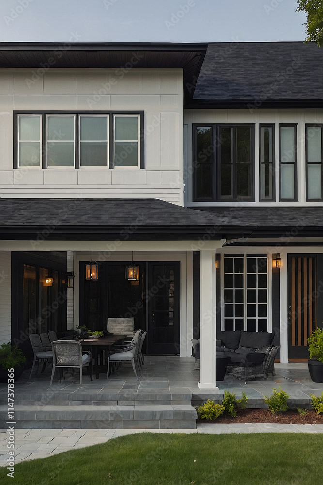 Modern two-story house with white siding, black roof, and black window frames. Features a covered porch with patio furniture and landscaping. Modern two-story house with white siding, black roof, and black window frames. Features a covered porch with patio furniture and landscaping.