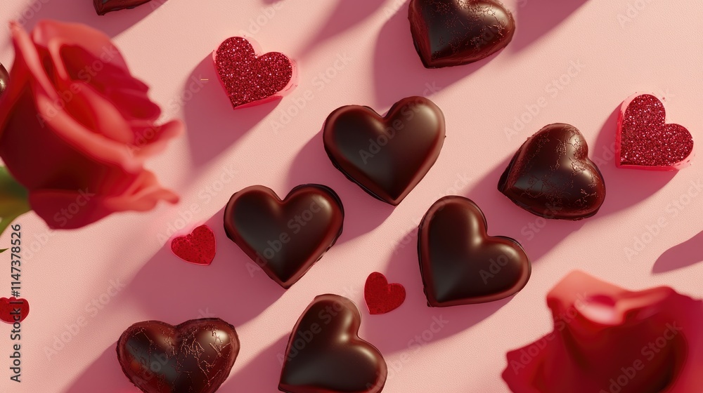Fototapeta premium Romantic Heart-Shaped Chocolates with Red Roses on Pink Background