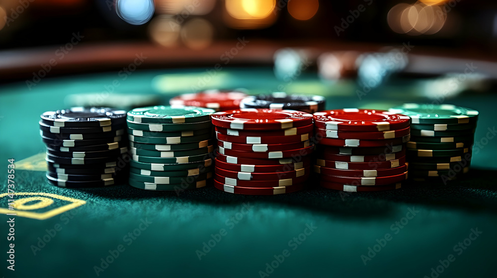 Casino Chips Stacked Neatly on Green Felt Table Game Casino Chips Stacked Neatly on Green Felt Table Game