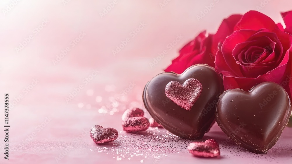 Romantic chocolate hearts and red roses for love celebration