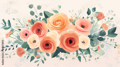 Fototapeta Naklejka Na Ścianę i Meble -  Chic digital bouquet with coral roses on a soft pastel backdrop. trend color peach fuzz. concept: promotional banner, interior design. Petal. Illustration