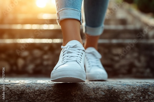 Close-up of woman's feet in white sneakers ascending stone steps at sunset.
