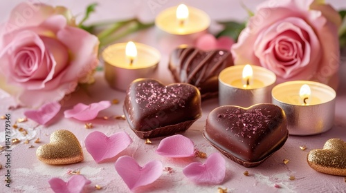 Romantic Chocolate Hearts with Roses and Candles for Special Occasions