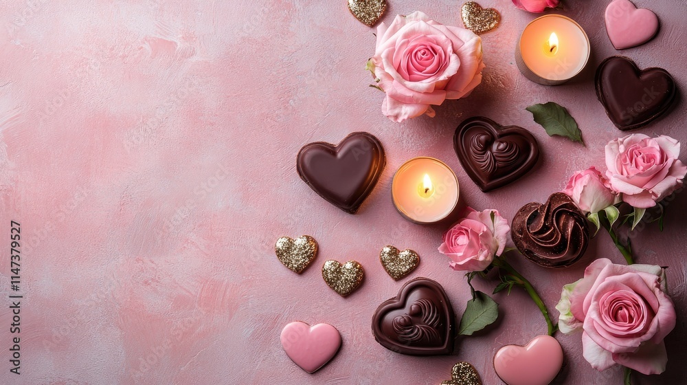 Romantic Arrangement with Flowers, Candles, and Chocolates on Pink Surface Romantic Arrangement with Flowers, Candles, and Chocolates on Pink Surface