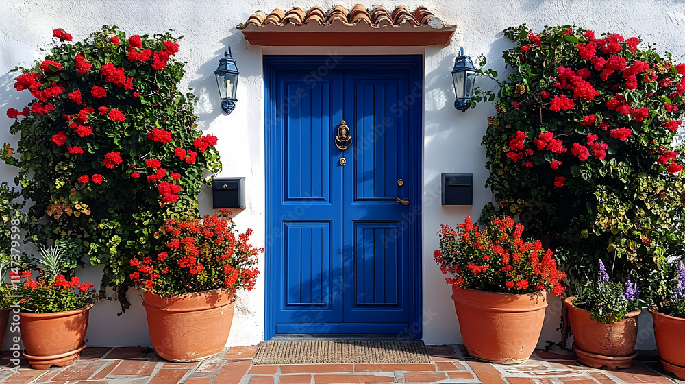 Blue Door Decorates with Red Flowers and Terracotta Pots Beautifully
