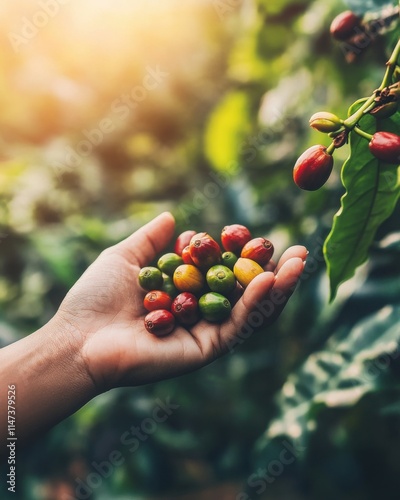 Freshly Harvested Coffee Cherries in Hand Against Lush Green Coffee Plants Highlighting the Beauty and Richness of Agricultural Practices