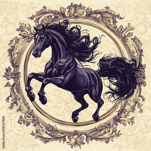 Majestic Black Stallion Leaping Within an Ornate Rococo Frame. photo