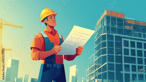 Construction Worker Reviewing Blueprints at a Modern Building Site