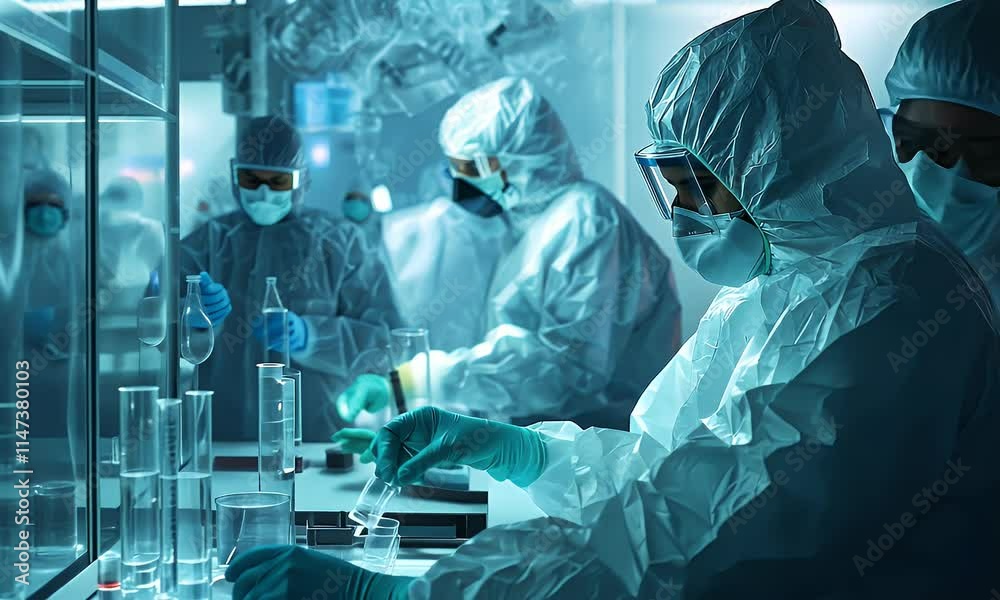 A scientist in protective gear conducts experiments in a laboratory setting. A scientist in protective gear conducts experiments in a laboratory setting.