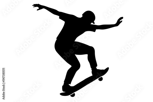 A skateboarder doing a trick silhouette illustration on white background