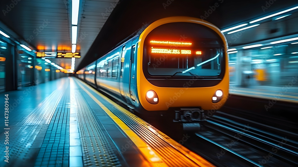 Subway Train Arrives at Station Platform Quickly at Night Subway Train Arrives at Station Platform Quickly at Night