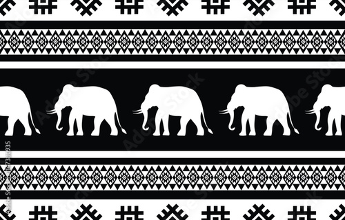 Elephant pattern. Seamless. White stripes, blue background. Ethnicity. Floral patterns, printed fabrics, pants, Lanna.	