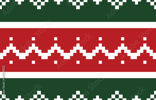 Christmas and New Year green and white seamless pattern, fairytale pixel pattern in white and green with Nordic snowflakes for winter hats, ugly sweaters, jumpers. wallpaper, paper or other design