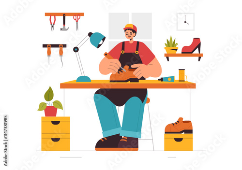 Shoemaker Profession Vector Illustration featuring the Process of Shoe Repair, Footwear Manufacturing, and Design in a Flat Style Cartoon Background