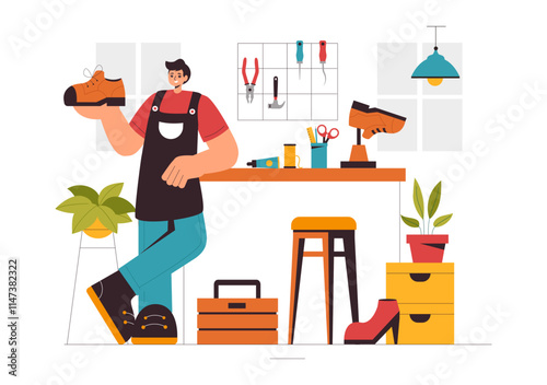 Shoemaker Profession Vector Illustration featuring the Process of Shoe Repair, Footwear Manufacturing, and Design in a Flat Style Cartoon Background