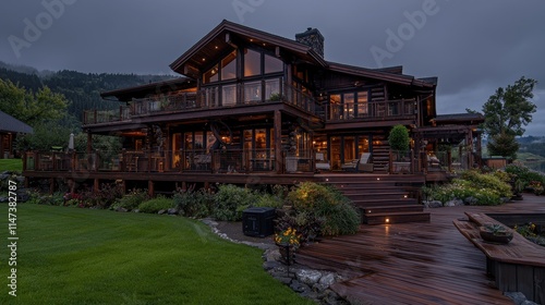 Luxurious log cabin home at dusk, showcasing large deck, landscaping, and mountain views.