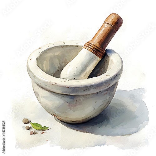 Watercolor painting of a rustic mortar and pestle with peppercorns and a leaf.