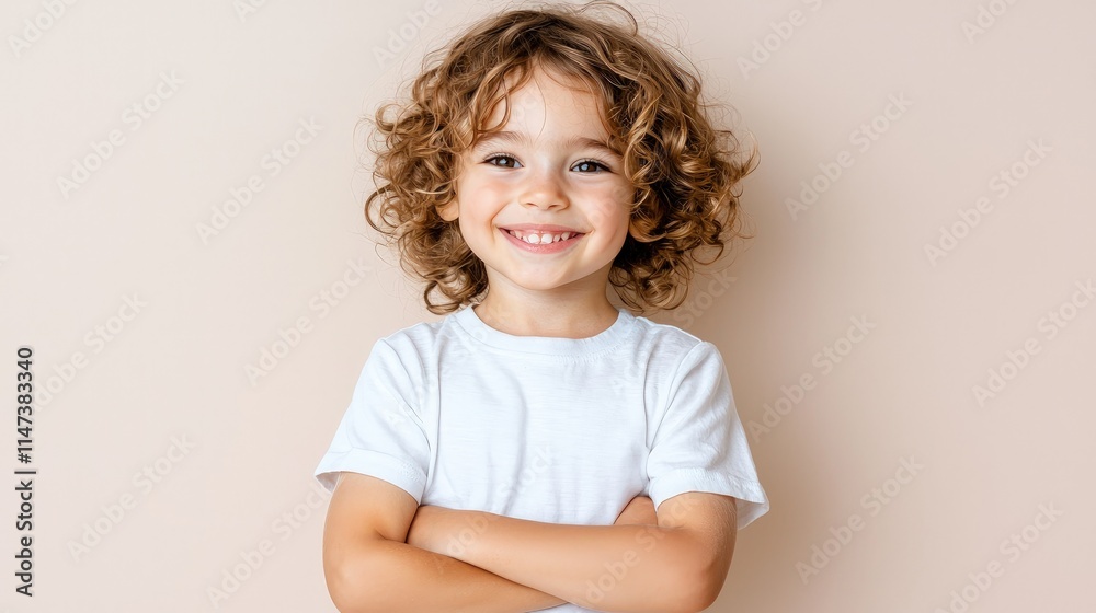 Happy toddler with curly hair and arms crossed, smiling at camera against beige background. Happy toddler with curly hair and arms crossed, smiling at camera against beige background.