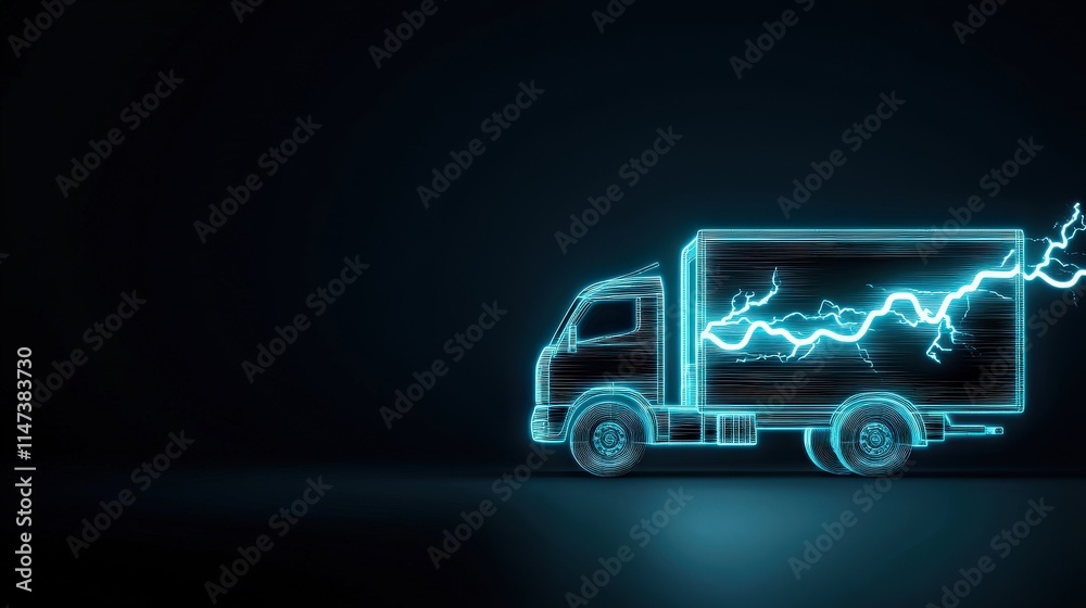 Side view of an EV truck emitting glowing electric wave designs Side view of an EV truck emitting glowing electric wave designs