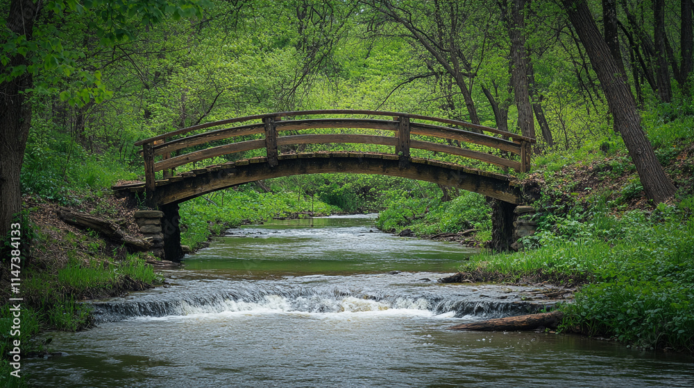Wooden bridge over serene stream in lush green forest during daytime. Wooden bridge over serene stream in lush green forest during daytime.