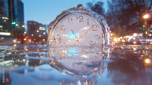 A submerged clock in a city puddle at night, reflecting urban lights. photo