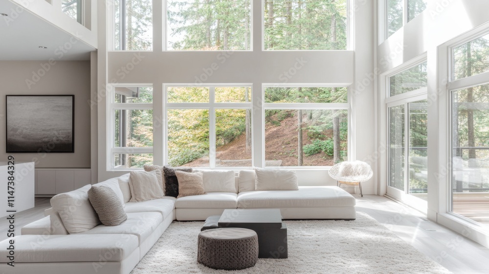 Fototapeta premium Minimalist living room with white and warm taupe furniture. Featuring a clean, bright layout with minimal decoration
