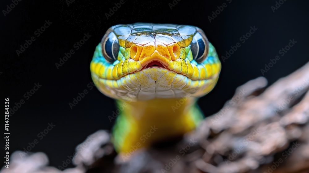 Fototapeta premium Vibrant green and yellow snake looking directly forward in a detailed macro portrait against a dark background.