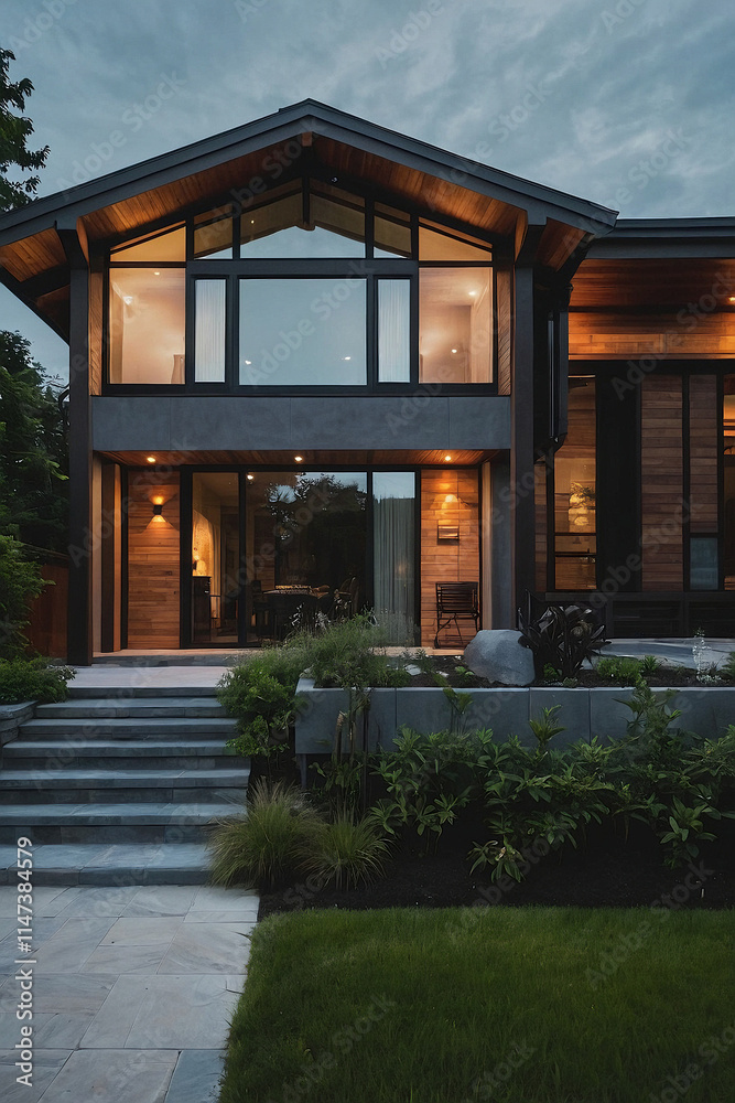 Modern two-story house with large windows, dark exterior, wooden accents, stone steps, and landscaping. Evening lighting illuminates the home's features. Modern two-story house with large windows, dark exterior, wooden accents, stone steps, and landscaping. Evening lighting illuminates the home's features.