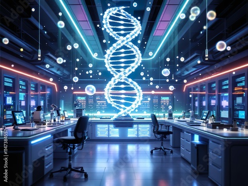 Futuristic Biotechnology Lab with DNA Helix and Gene-Editing Tools