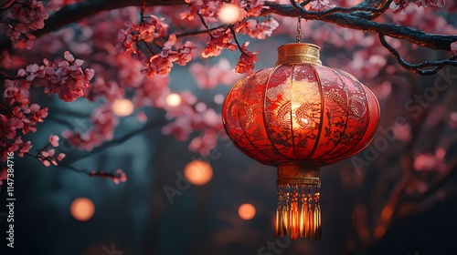 Celebrating Lantern Festival Cherry Blossom Garden Photography Nighttime Close-up Cultural Tradition photo